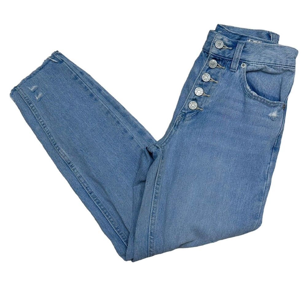 We The Free People Straight Jeans Women Sz 24 Button Fly High Rise Distressed